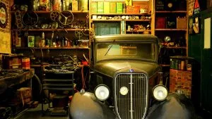 Classic car stored in garage